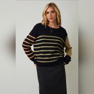 Round Neck Long Sleeve Stripe Light Weight Sweater